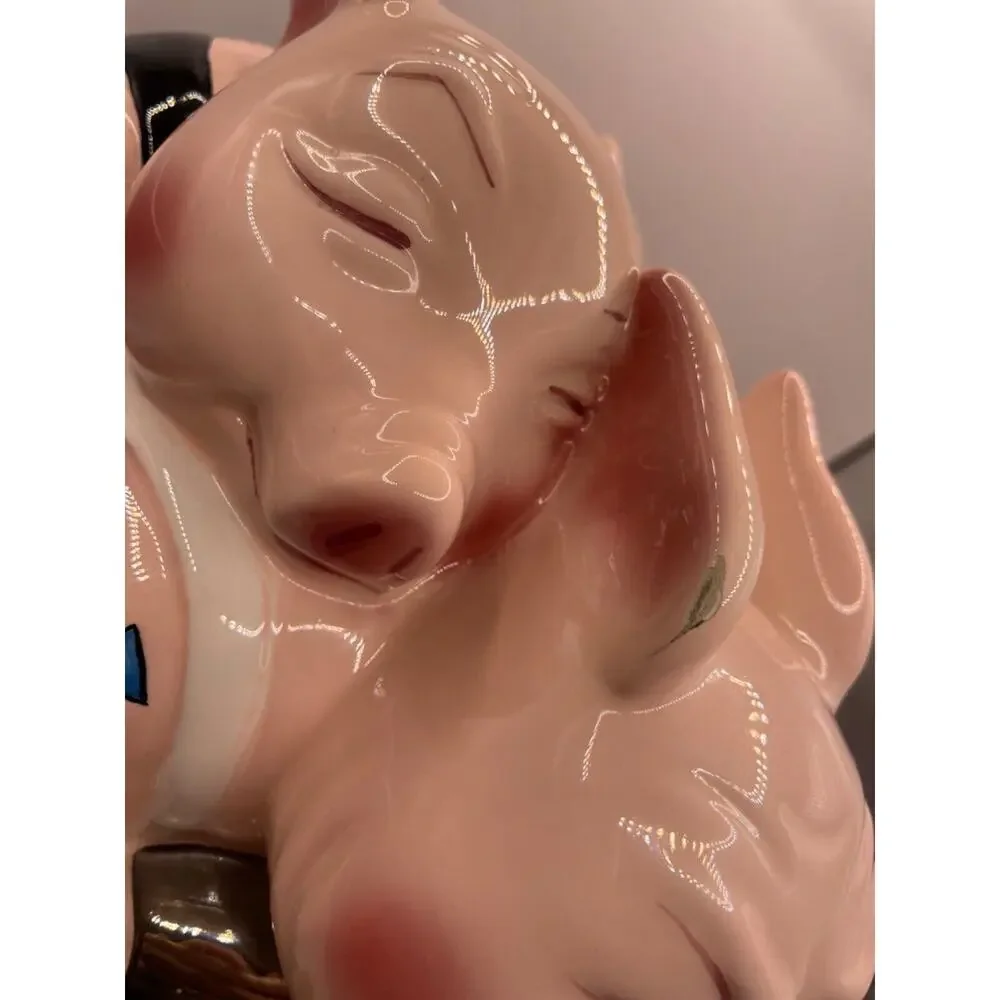Vintage Hand Painted Biker Hogs Cookie Jar Ceramic Pigs on Motorcycle Clay Art